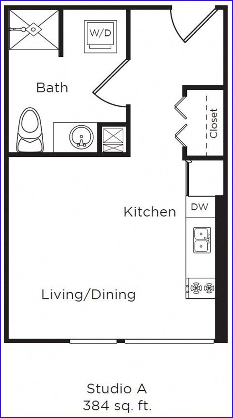 Studio 1 bathroom floor plan F at DOCK 59 APARTMENTS, PORTLAND, OR